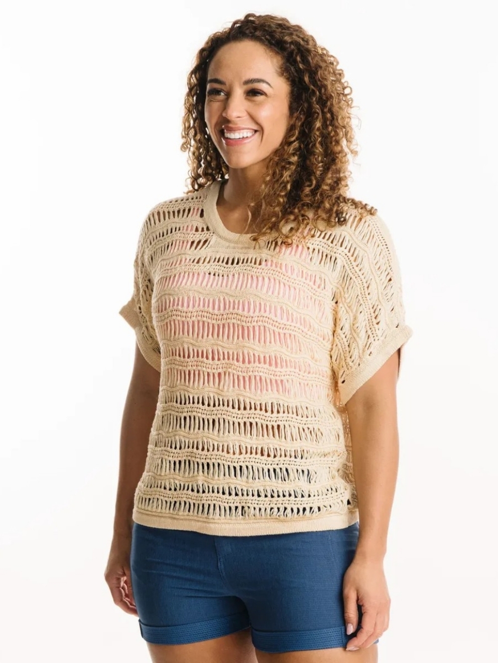 Ivory Hilton Head Crochet Open-Knit Short Sleeve Top Sweater Zyia Layered Look - Picture 2 of 6